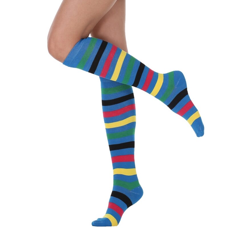Women Girls Fancy Rainbow Colorful Stripes Over Knee Long Socks Halloween Cosplay Costume Knitted Stretchhy Thigh High
