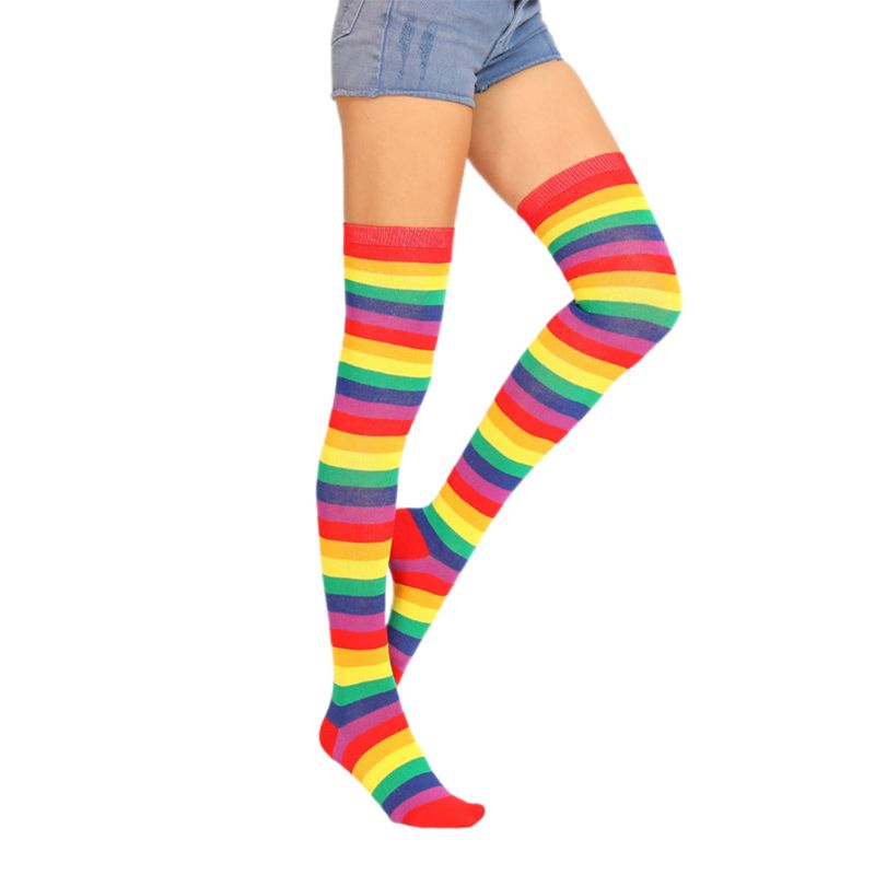 Women Girls Fancy Rainbow Colorful Stripes Over Knee Long Socks Halloween Cosplay Costume Knitted Stretchhy Thigh High