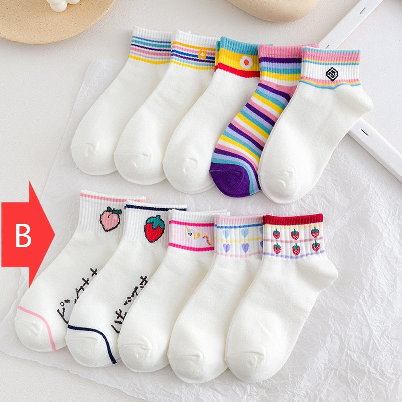 5 Pairs Cartoon Cotton Women's Short Socks Cute Cat Fruit Bear Low Ankle Socks Summer Fashion Casual Funny Striped Print Socks