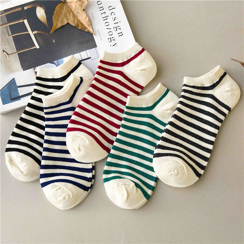 5 Pairs Cartoon Cotton Women's Short Socks Cute Cat Fruit Bear Low Ankle Socks Summer Fashion Casual Funny Striped Print Socks