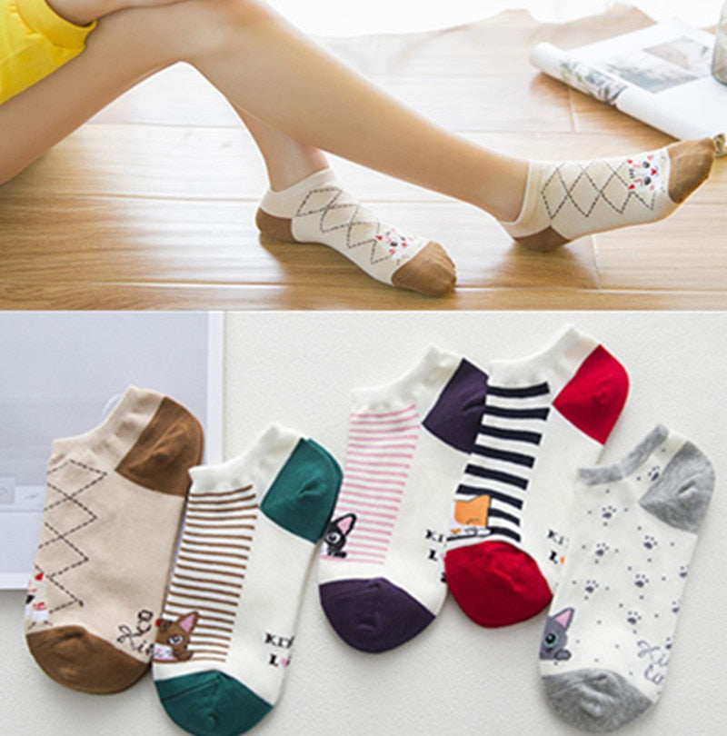 5 Pairs Cartoon Cotton Women's Short Socks Cute Cat Fruit Bear Low Ankle Socks Summer Fashion Casual Funny Striped Print Socks