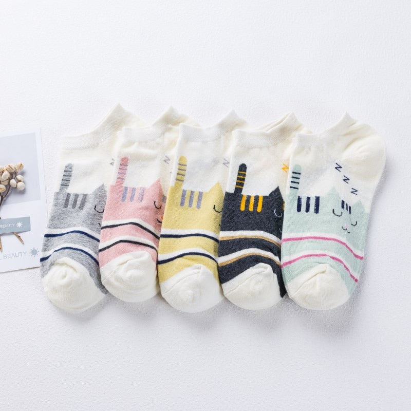 5 Pairs Cartoon Cotton Women's Short Socks Cute Cat Fruit Bear Low Ankle Socks Summer Fashion Casual Funny Striped Print Socks