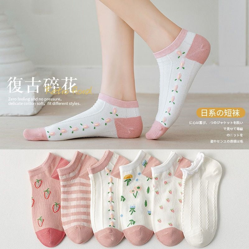 5 Pairs/lot Funny Cute Girl Ankle Socks New Mixed Colors Fashion Women Underwear Summer Sport Breathable Cotton Kawaii Lingerie