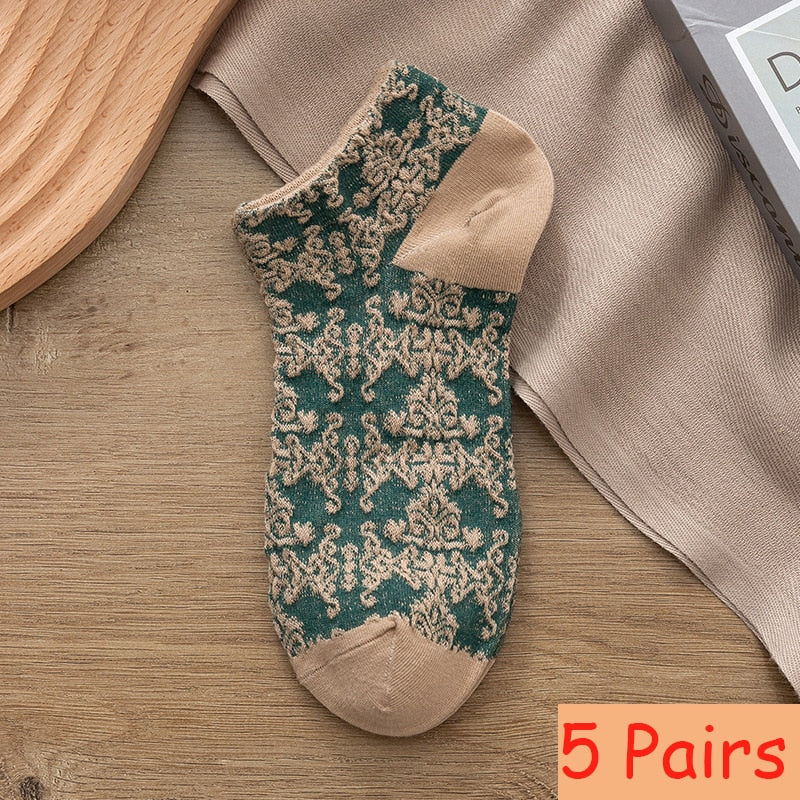 5 Pairs Women Retro Harajuku Style Socks Summer Shallow Mouth Thin Small Flower Cute Sweet Soft Skin-friendly Low Boat Socks