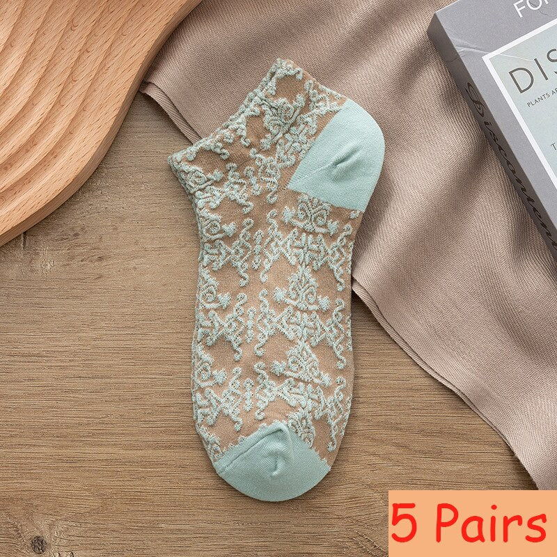 5 Pairs Women Retro Harajuku Style Socks Summer Shallow Mouth Thin Small Flower Cute Sweet Soft Skin-friendly Low Boat Socks