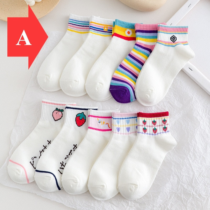 5 Pairs Cartoon Cotton Women's Short Socks Cute Cat Fruit Bear Low Ankle Socks Summer Fashion Casual Funny Striped Print Socks