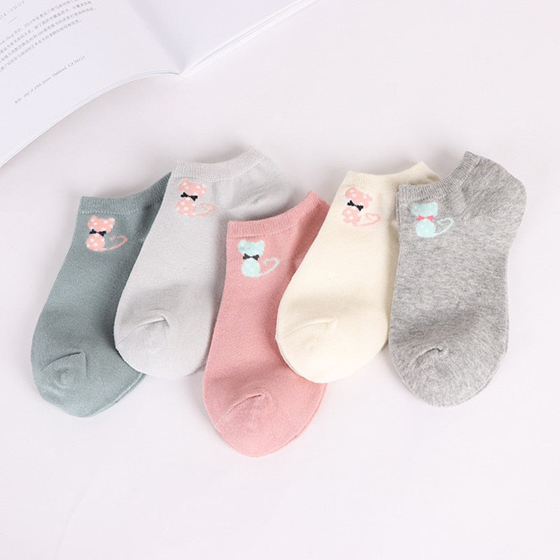 5 Pairs Cartoon Cotton Women's Short Socks Cute Cat Fruit Bear Low Ankle Socks Summer Fashion Casual Funny Striped Print Socks