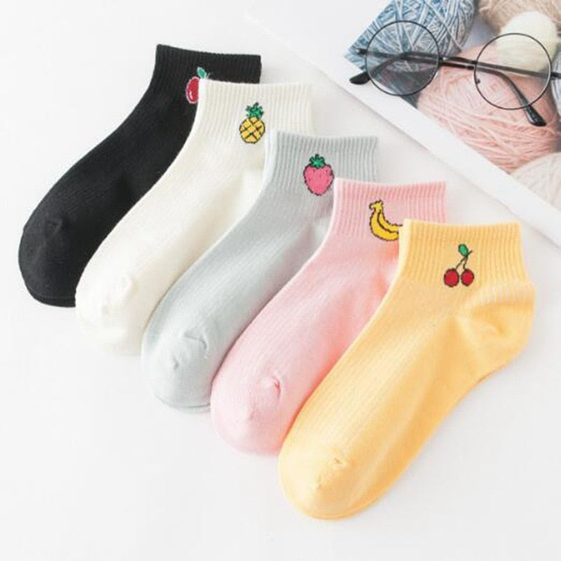 5 Pairs Cartoon Cotton Women's Short Socks Cute Cat Fruit Bear Low Ankle Socks Summer Fashion Casual Funny Striped Print Socks