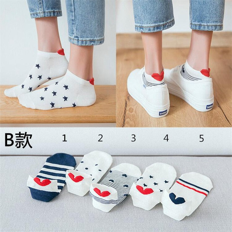 5 Pairs Cartoon Cotton Women's Short Socks Cute Cat Fruit Bear Low Ankle Socks Summer Fashion Casual Funny Striped Print Socks