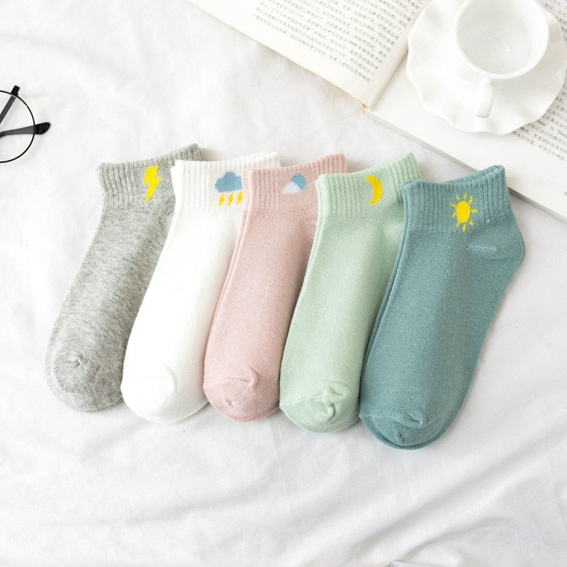 5 Pairs Cartoon Cotton Women's Short Socks Cute Cat Fruit Bear Low Ankle Socks Summer Fashion Casual Funny Striped Print Socks