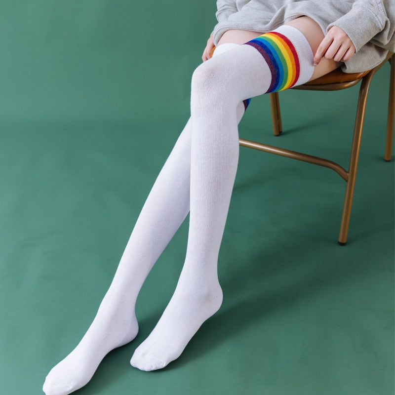 Over Knee Lolita Long Stockings Women Socks Cotton JK High Tube Rainbow Strip Knee High Socks College Calf Lolita Socks Kawaii
