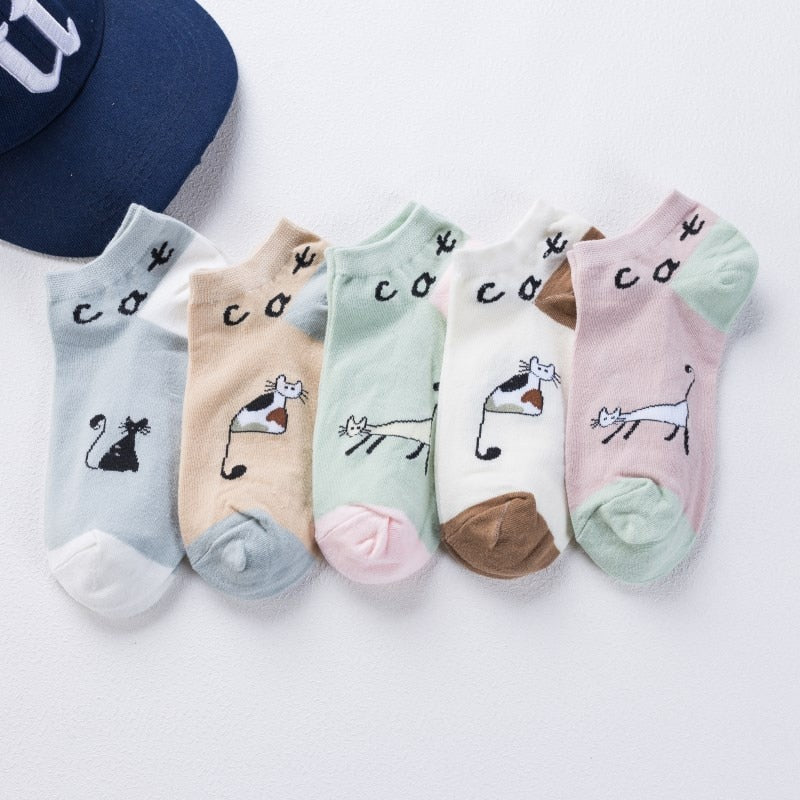 5 Pairs Cartoon Cotton Women's Short Socks Cute Cat Fruit Bear Low Ankle Socks Summer Fashion Casual Funny Striped Print Socks