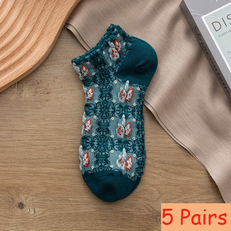 5 Pairs Women Retro Harajuku Style Socks Summer Shallow Mouth Thin Small Flower Cute Sweet Soft Skin-friendly Low Boat Socks