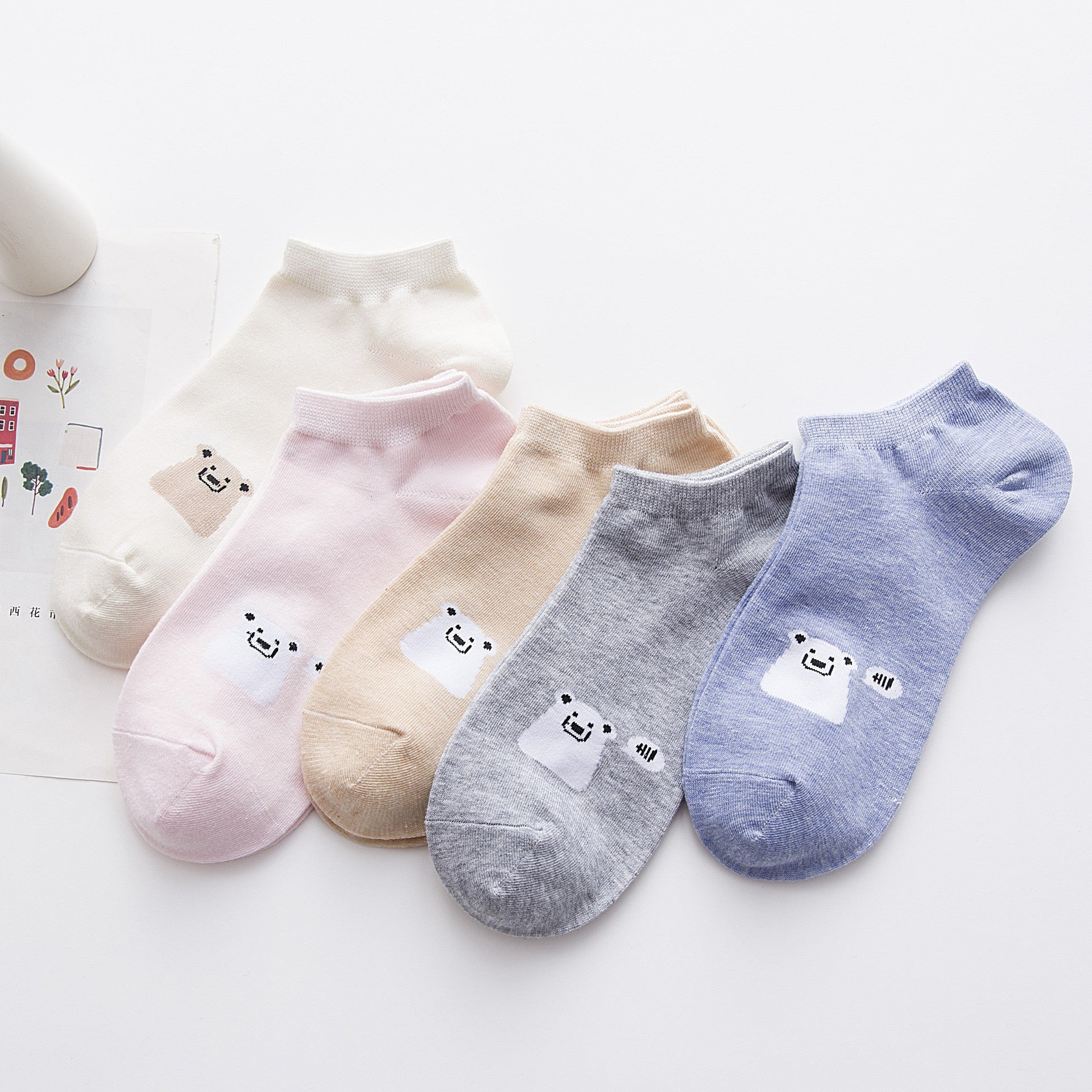 5 Pairs Cartoon Cotton Women's Short Socks Cute Cat Fruit Bear Low Ankle Socks Summer Fashion Casual Funny Striped Print Socks