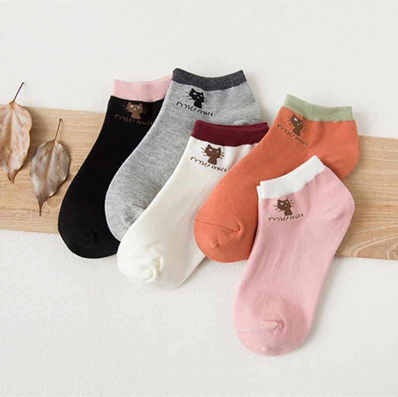 5 Pairs Cartoon Cotton Women's Short Socks Cute Cat Fruit Bear Low Ankle Socks Summer Fashion Casual Funny Striped Print Socks