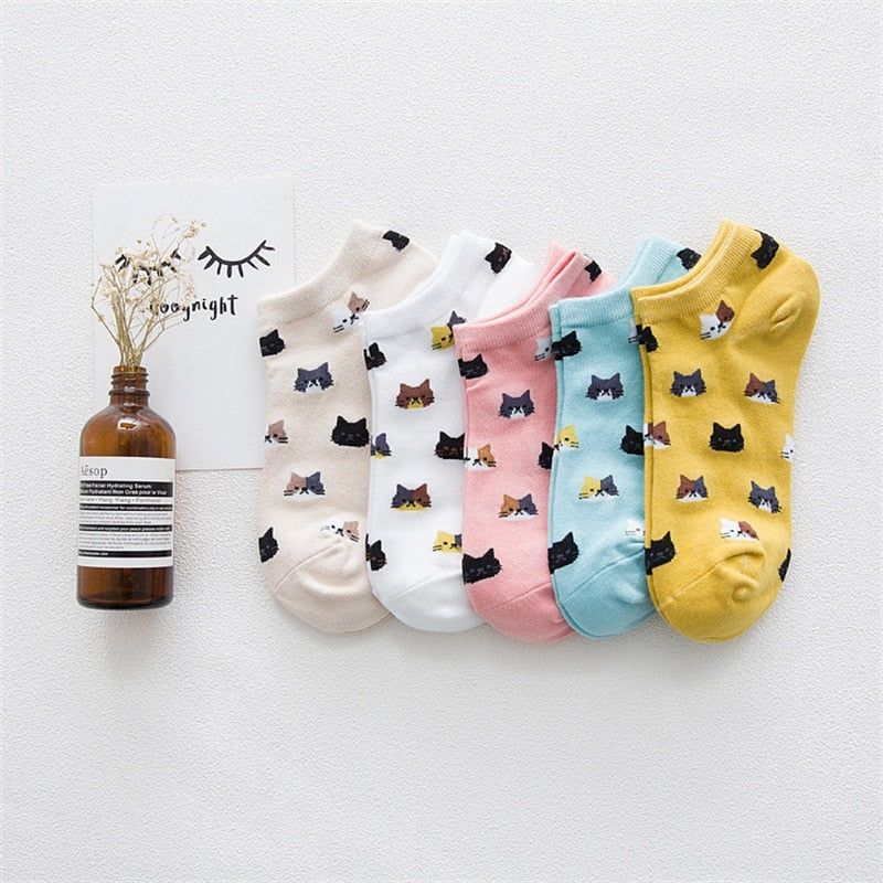 5 Pairs Cartoon Cotton Women's Short Socks Cute Cat Fruit Bear Low Ankle Socks Summer Fashion Casual Funny Striped Print Socks