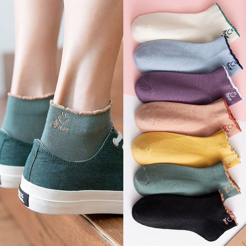 5 Pairs/lot Funny Cute Girl Ankle Socks New Mixed Colors Fashion Women Underwear Summer Sport Breathable Cotton Kawaii Lingerie